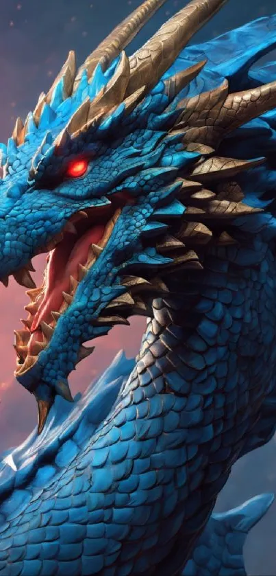 Vibrant blue dragon with fiery red eyes in a fantasy setting.