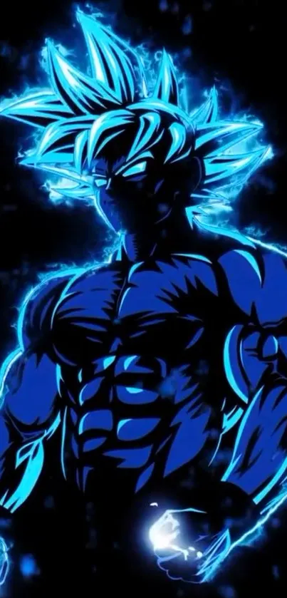 Epic blue energy warrior with neon glow on dark background.