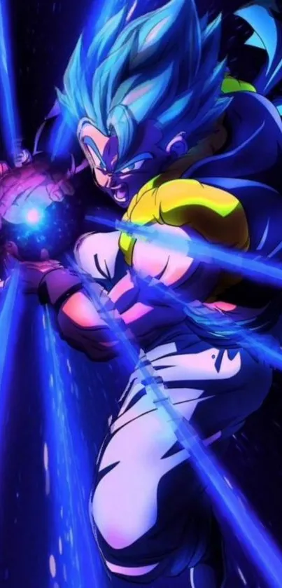 A blue-haired anime warrior unleashing powerful blue energy beams.