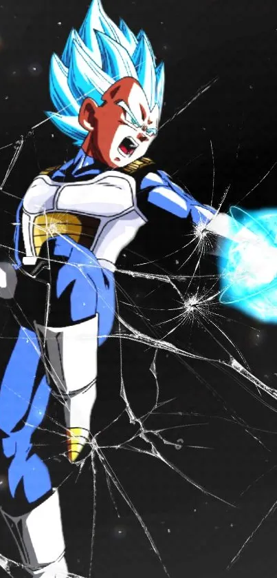 Blue-haired Super Saiyan with energy blast on cracked glass backdrop.