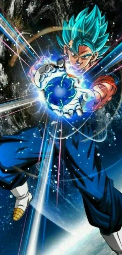 Epic anime warrior with blue hair releasing powerful cosmic energy.