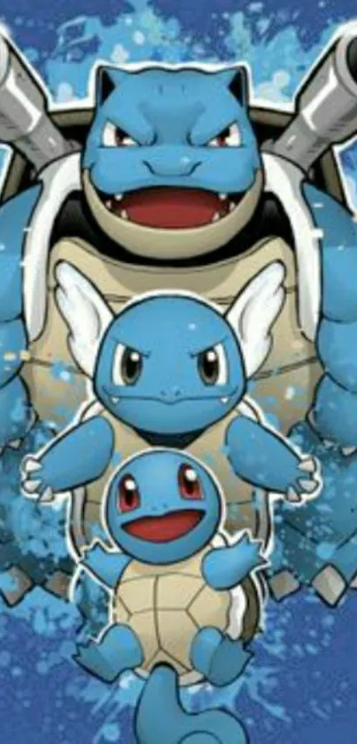 Blue turtle trio artwork in dynamic pose on mobile wallpaper.