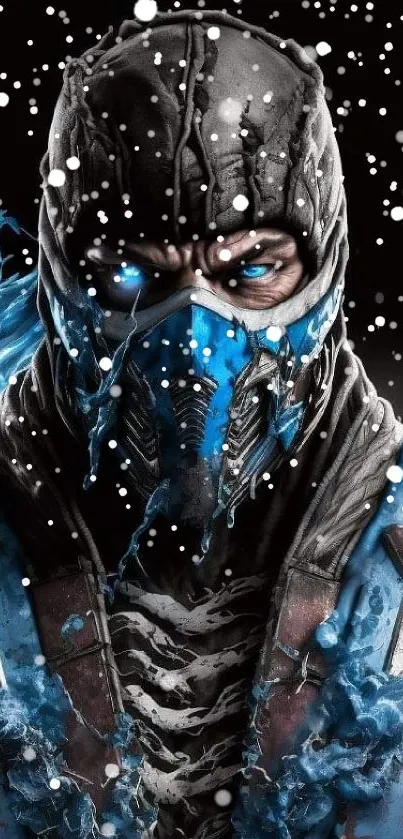 Epic warrior with blue ice armor in striking pose on dark background.