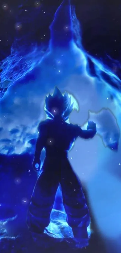 Silhouette of a warrior with a dynamic blue aura on a cosmic background.