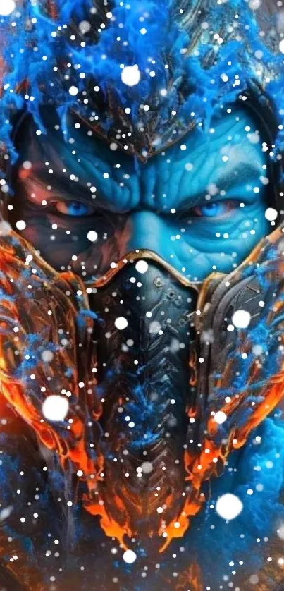 Epic blue warrior with fiery and icy elements wallpaper.