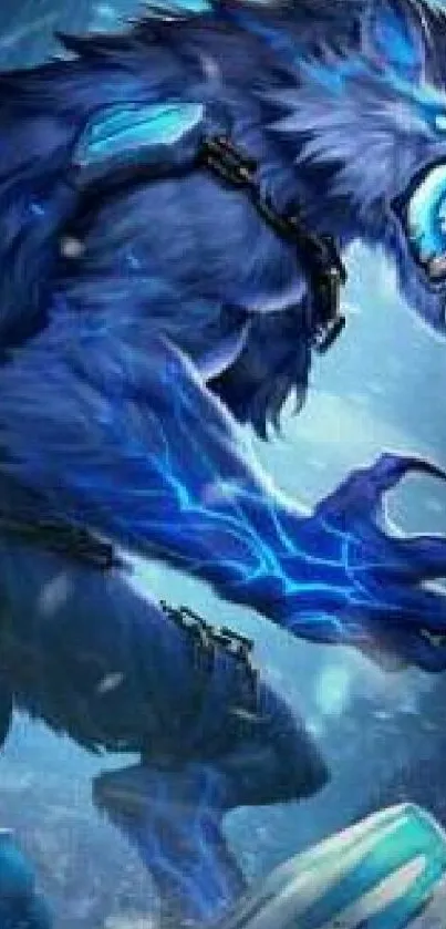 Epic blue werewolf artwork with glowing accents and fierce wild expression.