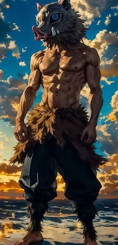 Anime boar warrior stands by the sea with a dramatic sky backdrop.