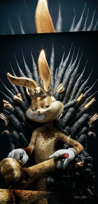 Regal cartoon bunny on a dark throne with carrots, humorous and fantastical.