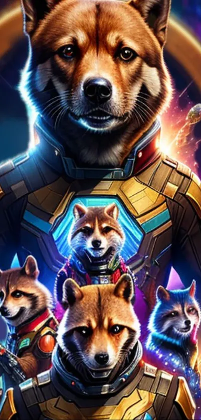 Epic artwork of canine astronauts in cosmic adventure.