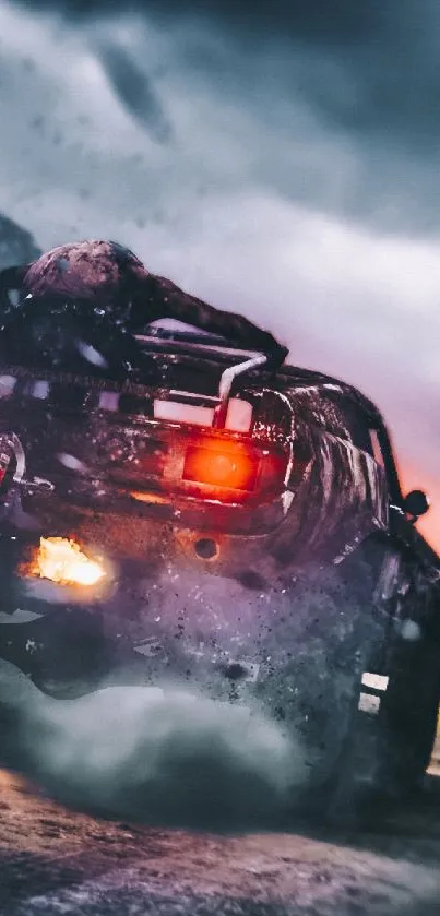 A thrilling car speeds through a dusty road in a stormy setting, adventure awaits.