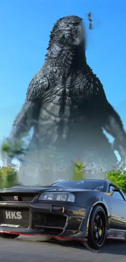 Epic monster towers over sports car under a blue sky.