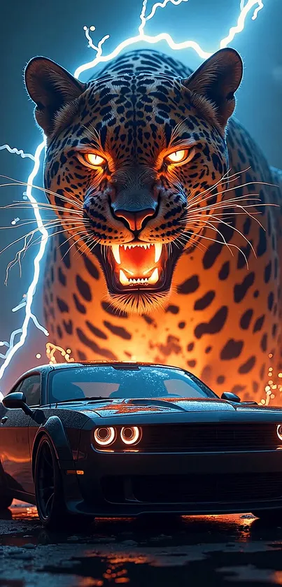 Fierce leopard and muscle car under lightning.