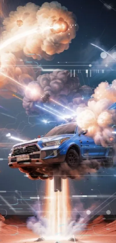 Car launching amidst clouds and lights, dynamic mobile wallpaper.