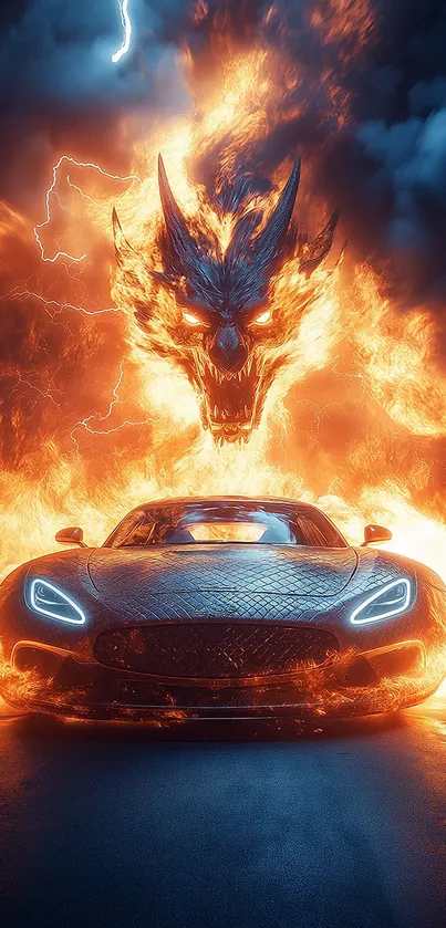 Fiery dragon looming behind sleek car.