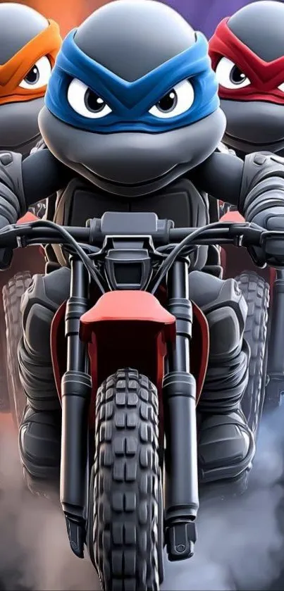 Cartoon ninjas on motorcycles in action-packed scene.