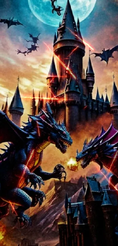 Epic dragon battle in front of a mystical castle under the moon.