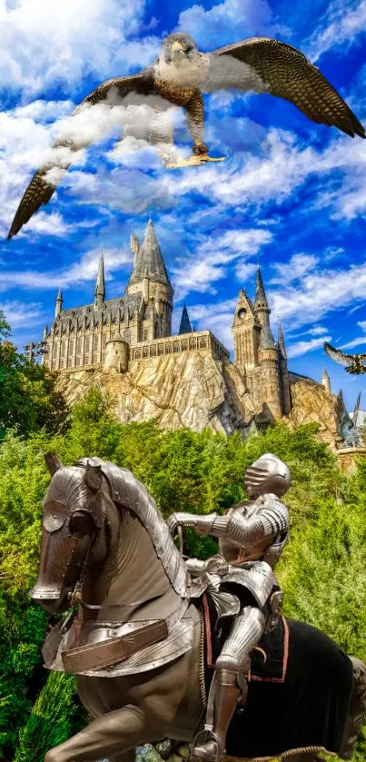 Majestic fantasy castle with knight and eagles in vivid blue sky.