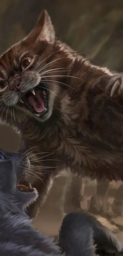 A dramatic scene of two cats fighting in a fantasy setting.