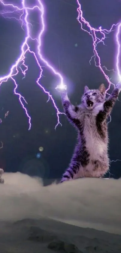 Cat with lightning in purple sky, dynamic phone wallpaper.