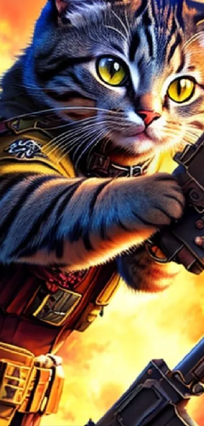 Epic mobile wallpaper of a cat soldier in vibrant orange tones.