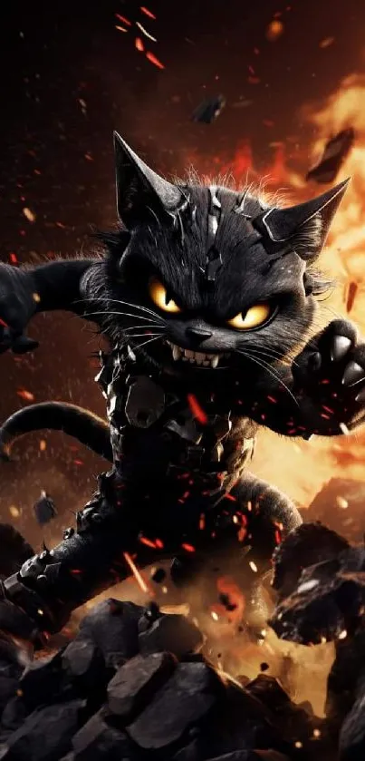 Epic black cat warrior in fiery action scene on mobile wallpaper.