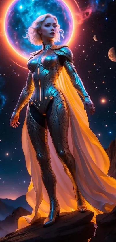 Futuristic heroine in cosmic setting with vibrant colors.