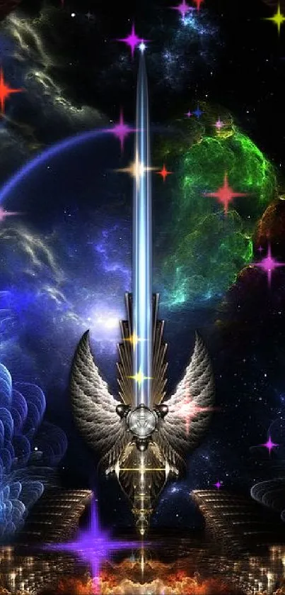 Celestial sword with cosmic background and colorful nebulae.