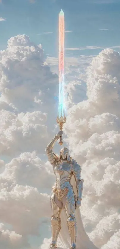 Celestial warrior holds glowing sword amid clouds.