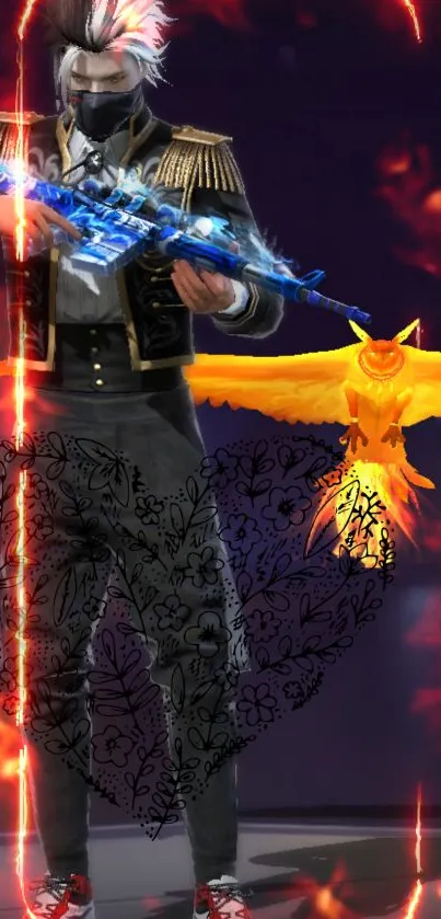 Masked character with a fiery phoenix and blue rifle on a dramatic backdrop.