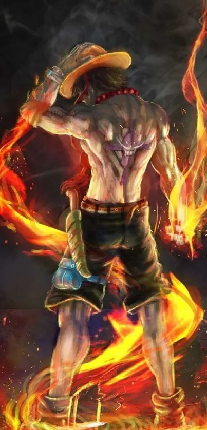 Anime character engulfed in vivid flames, standing boldly.