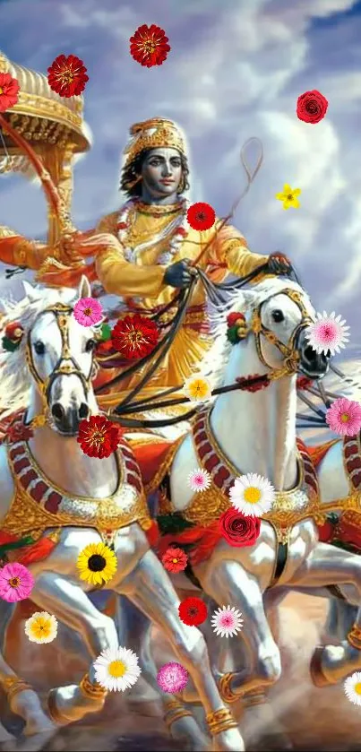 Epic chariot ride with vibrant floral design on mobile wallpaper.