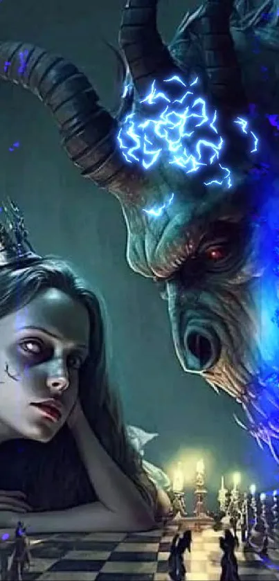 Woman faces demon over chessboard in mystical fantasy art.