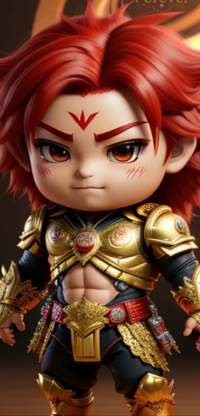 Chibi warrior with red hair and golden armor, in an epic fantasy setting.