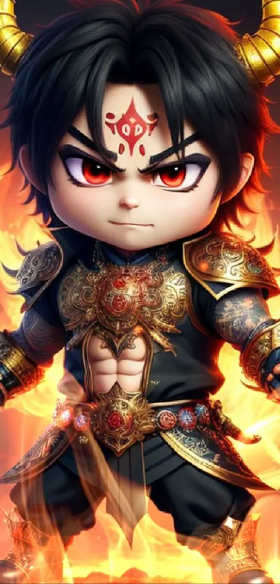 Chibi warrior with gold armor and fiery backdrop.