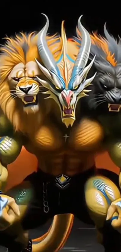 Epic fantasy chimera with lion, dragon, and wolf heads.