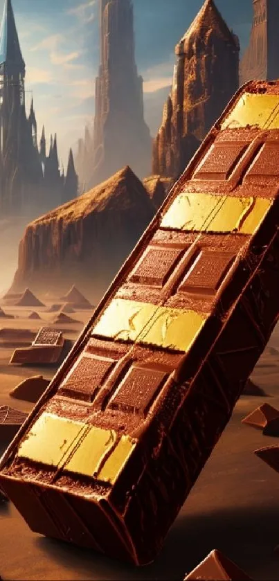 Chocolate bar on mystical mountain landscape wallpaper.