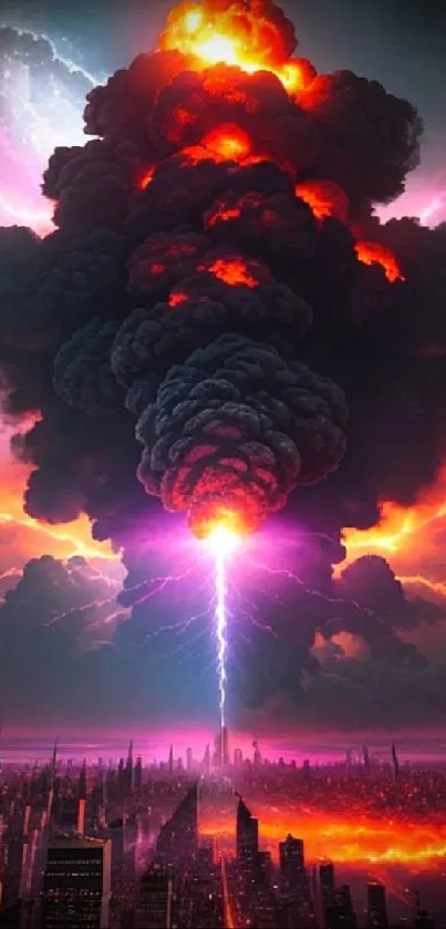 Epic explosion over a cityscape with bright lightning.