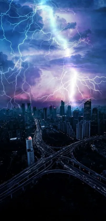 Lightning storm over cityscape at night wallpaper.