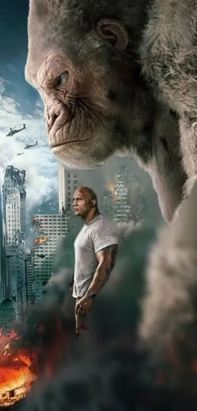 Giant creature and man in city battle scene.