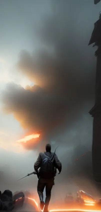 Epic warrior in dramatic cityscape with clouds and orange glow.