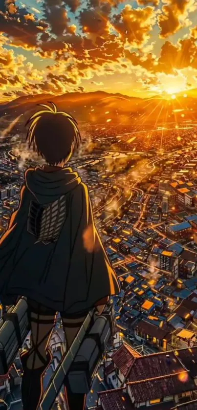 Epic anime character overlooking city at sunset.