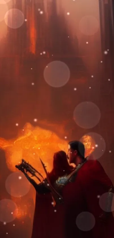 Fantasy cityscape with figures in red cloaks and a fiery background.