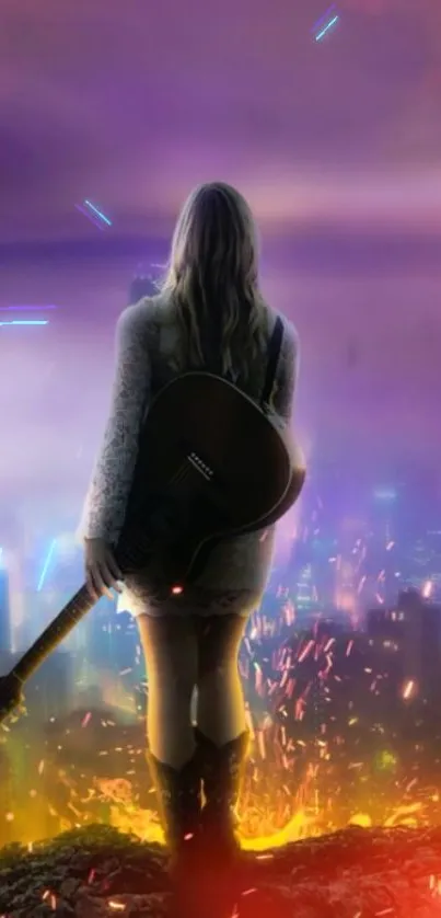 Person with guitar in colorful cityscape, vibrant and dreamy.