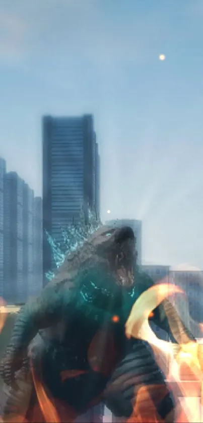 Giant monster in urban landscape with skyscrapers under a blue sky.