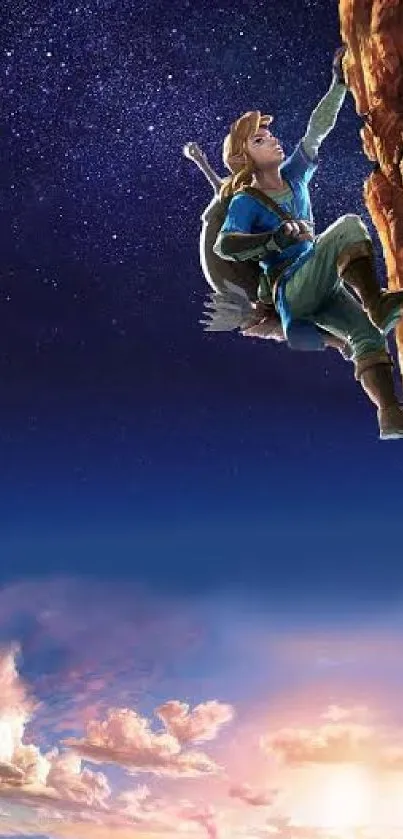Climber scales a cliff under a starry sky in this epic mobile wallpaper.
