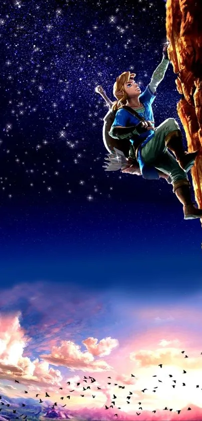 Climber scales a cliff under a vivid starry sky in a fantasy wallpaper.