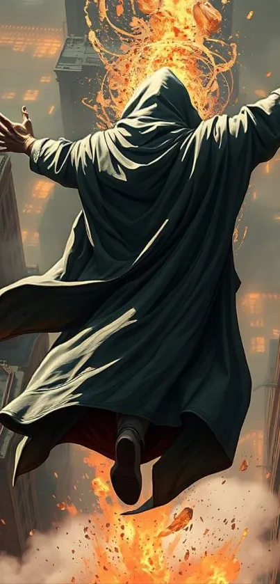 Cloaked figure surrounded by flames in cityscape.