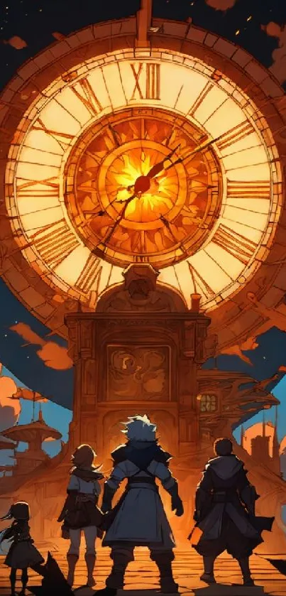 Silhouetted adventurers under a glowing, mystical clock in fantasy art.