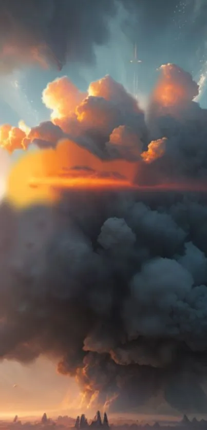 An epic cloud explosion lights up the sky in a fiery sunset scene, perfect for wallpaper.