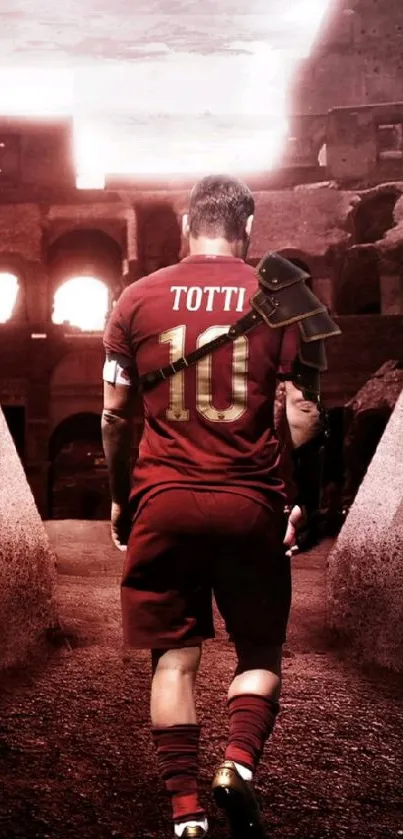 Footballer in a coliseum setting wearing a red jersey, walking into the light.